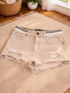 PS Erin Wasson Crochet Waist Distressed Denim Cutoff Shorts Size 27 Boho Jorts